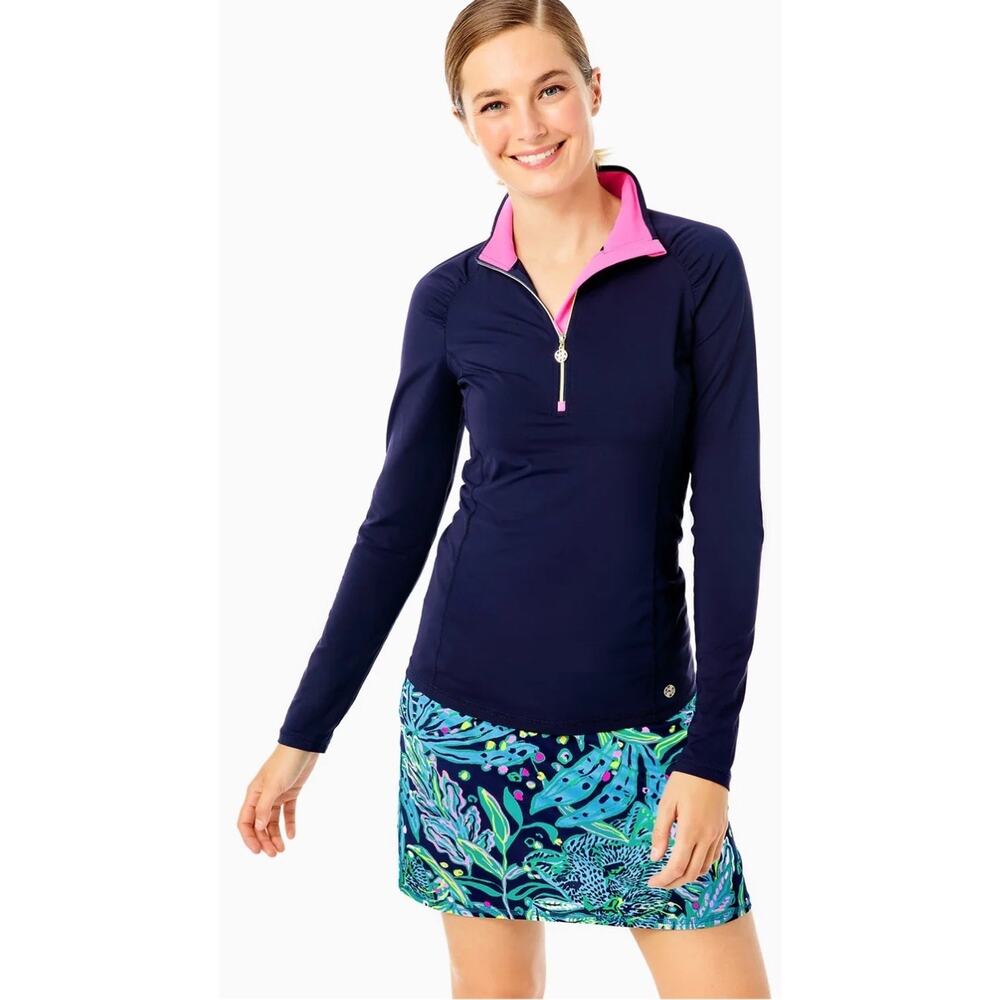 Lilly Pulitzer Women’s UPF 50+ Luxletic Justine Pullover Navy Pink Gold Zip Med.